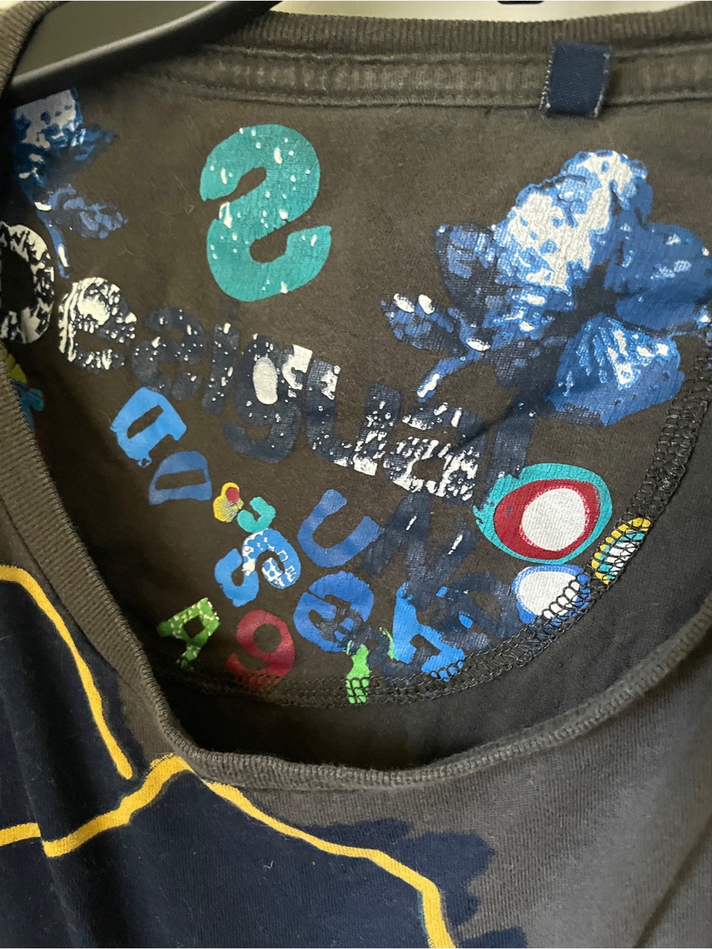 Desigual Graphic Black Tee with Neon Pink, Yellow & Blue Artwork - Picture 2 of 3